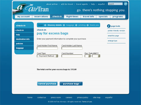 screenshot of AirTran Excess Bags Web page