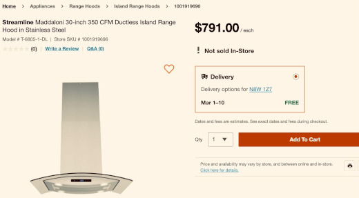 screenshot of Streamline Maddaloni 30-inch 350 CFM Ductless Island Range Hood in Stainless Steel